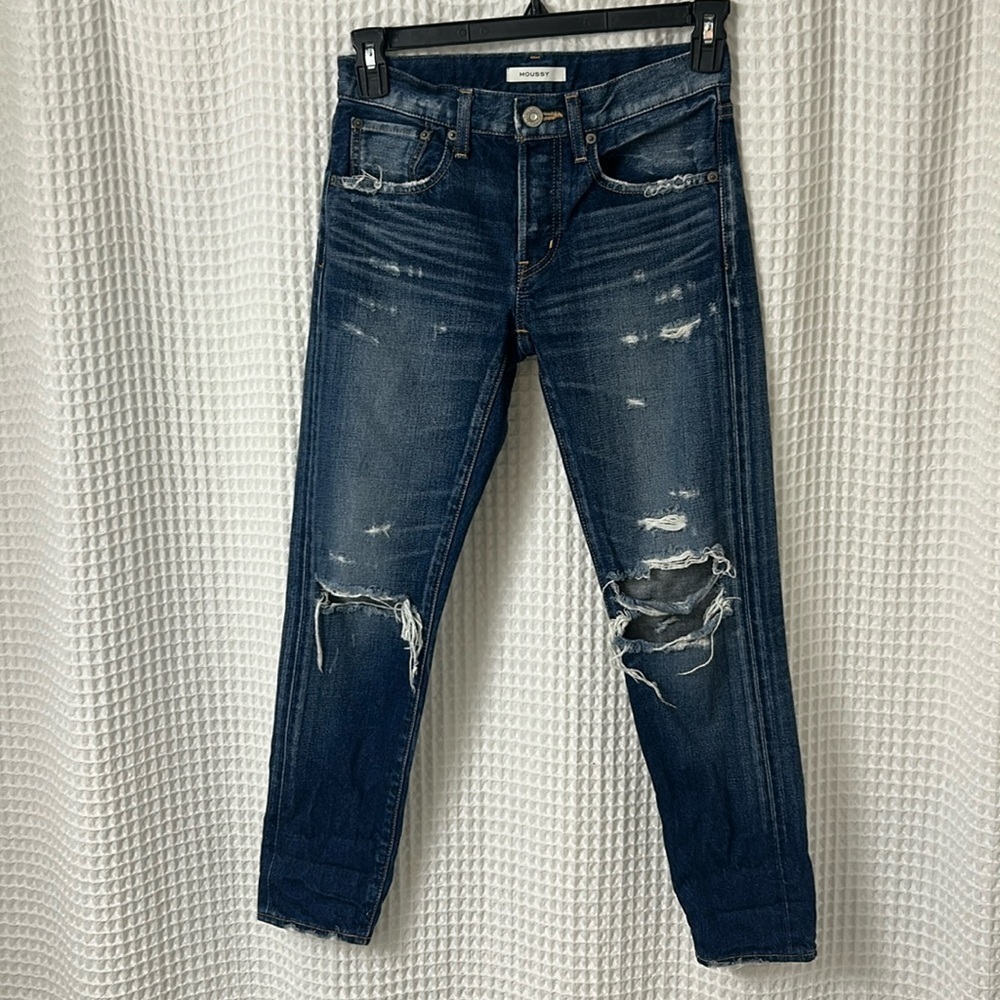 Moussy Distressed Button Fly Dark Wash Jeans Size 25